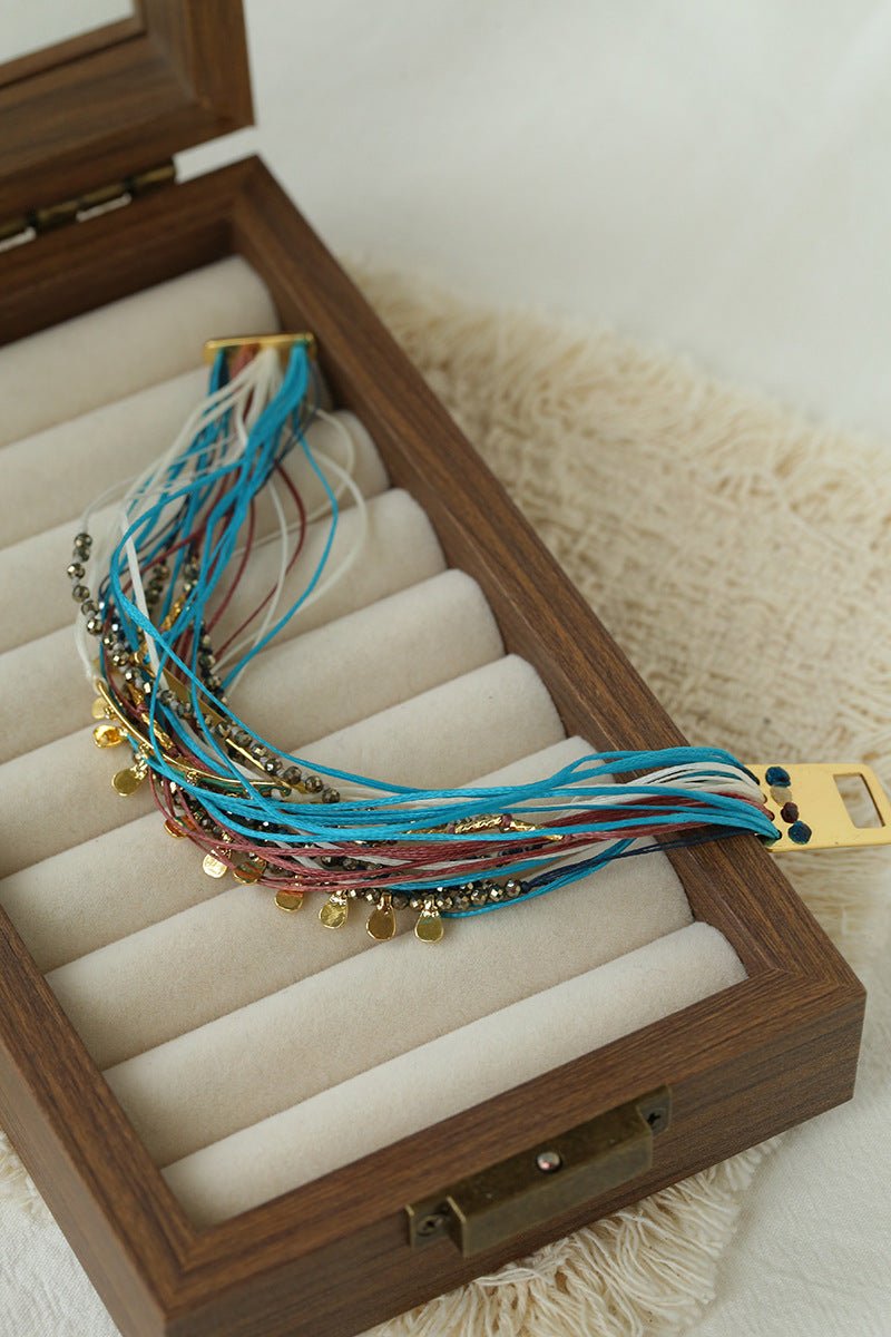 Multi-Strand Boho Woven Cord Natural Stone Coin Bracelet - floysun