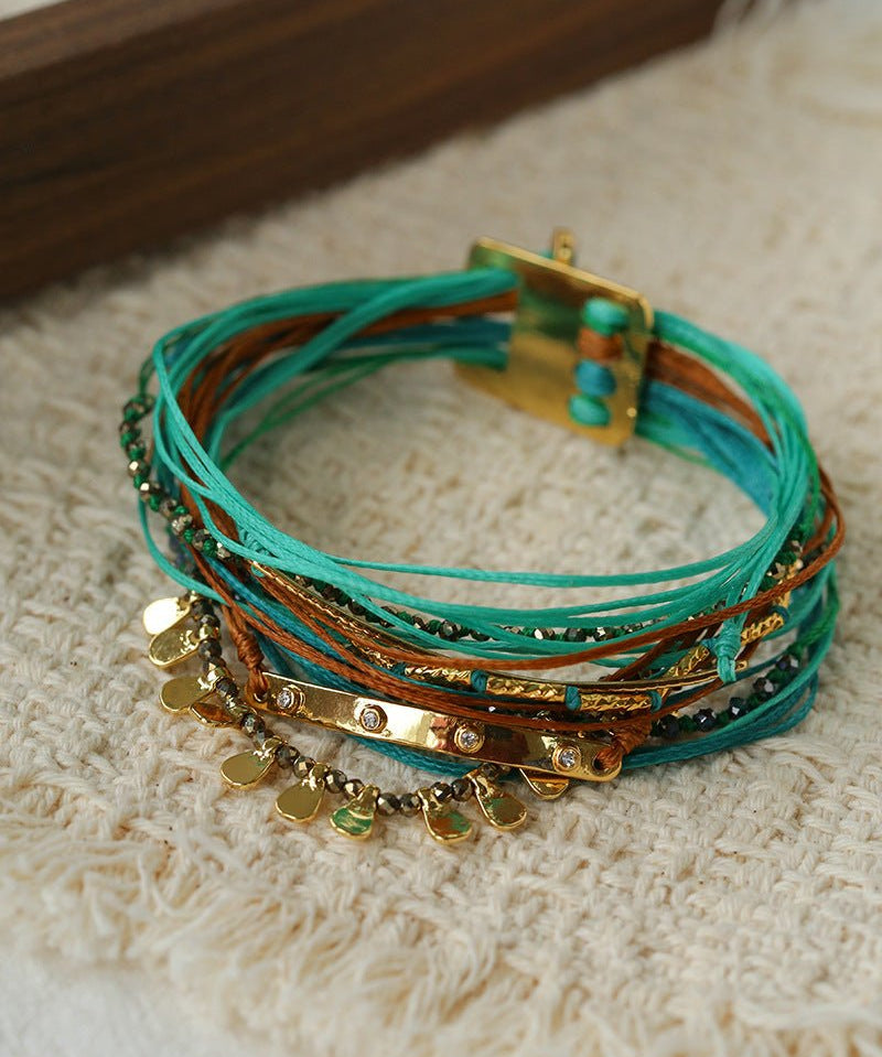 Multi-Strand Boho Woven Cord Natural Stone Coin Bracelet - floysun