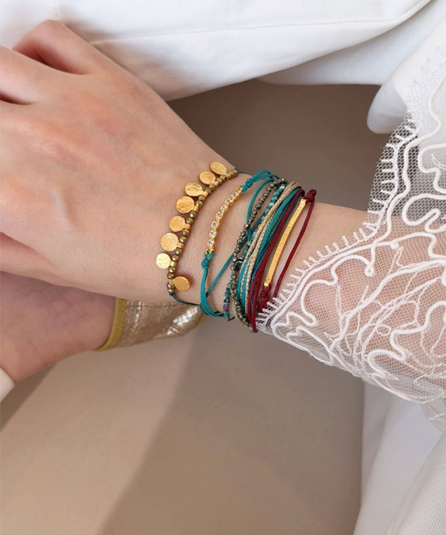 Multi-Strand Boho Woven Cord Natural Stone Coin Bracelet - floysun