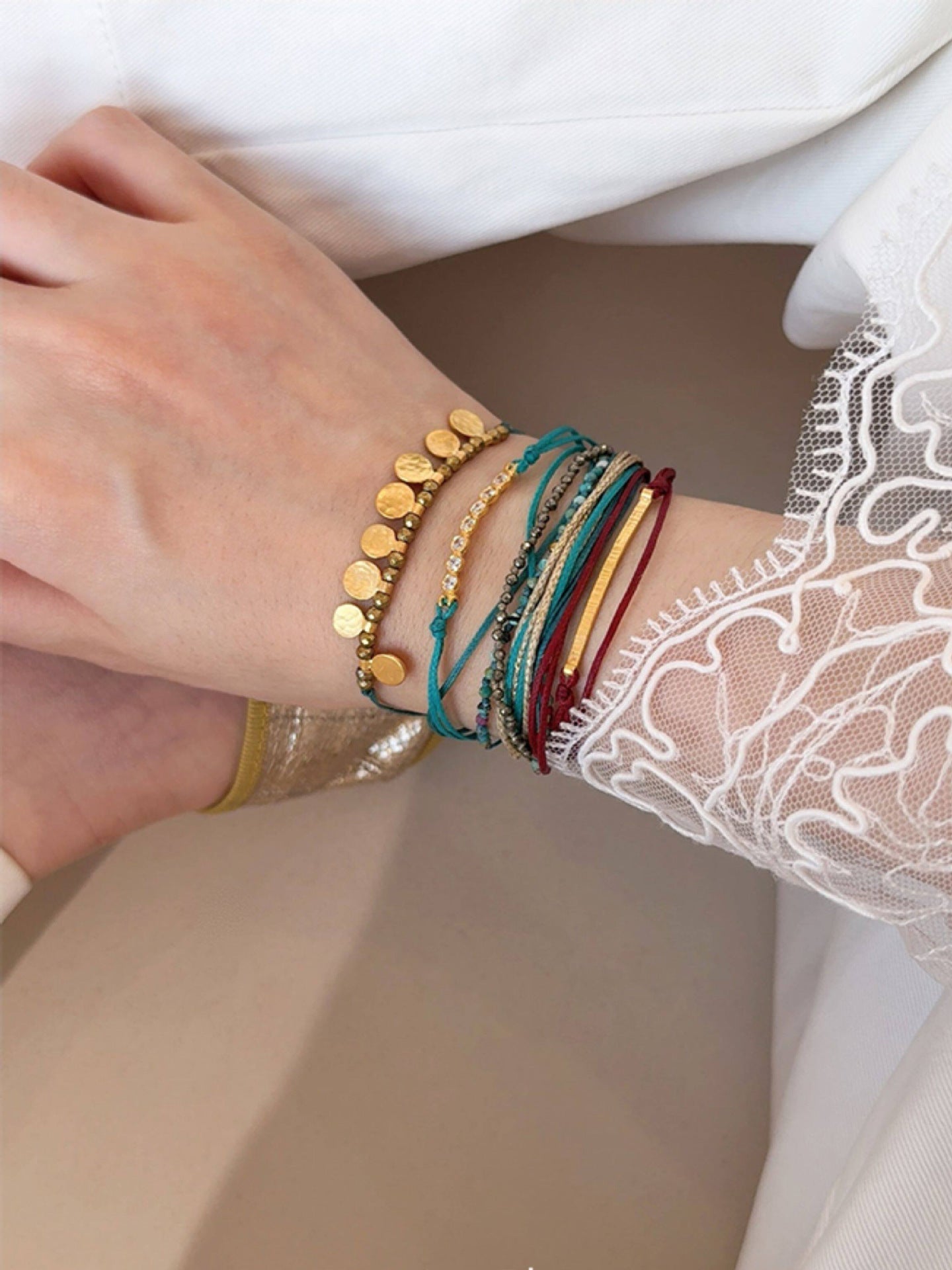 Multi-Strand Boho Woven Cord Natural Stone Coin Bracelet - floysun