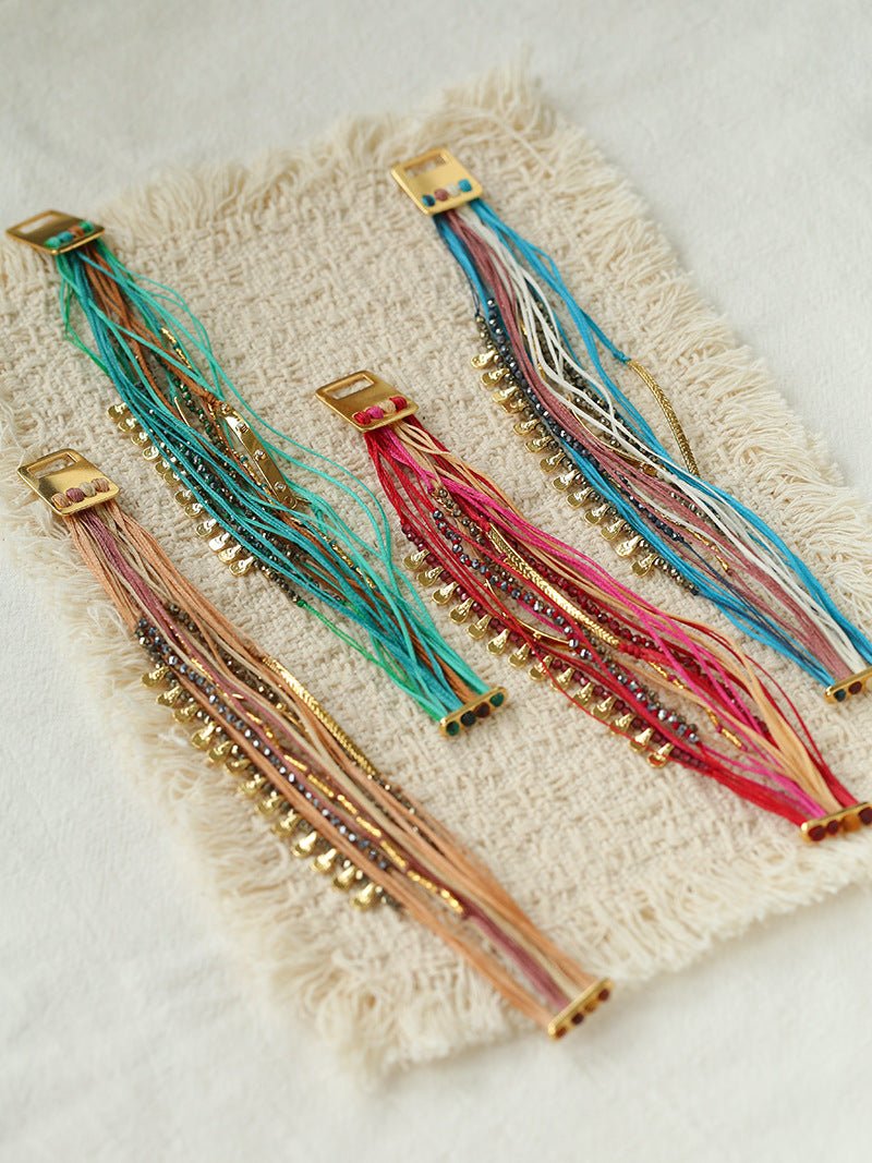 Multi-Strand Boho Woven Cord Natural Stone Coin Bracelet - floysun