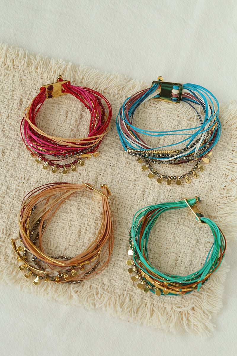 Multi-Strand Boho Woven Cord Natural Stone Coin Bracelet - floysun