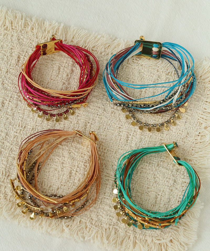 Multi-Strand Boho Woven Cord Natural Stone Coin Bracelet - floysun