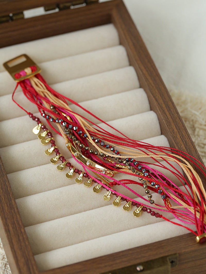 Multi-Strand Boho Woven Cord Natural Stone Coin Bracelet - floysun