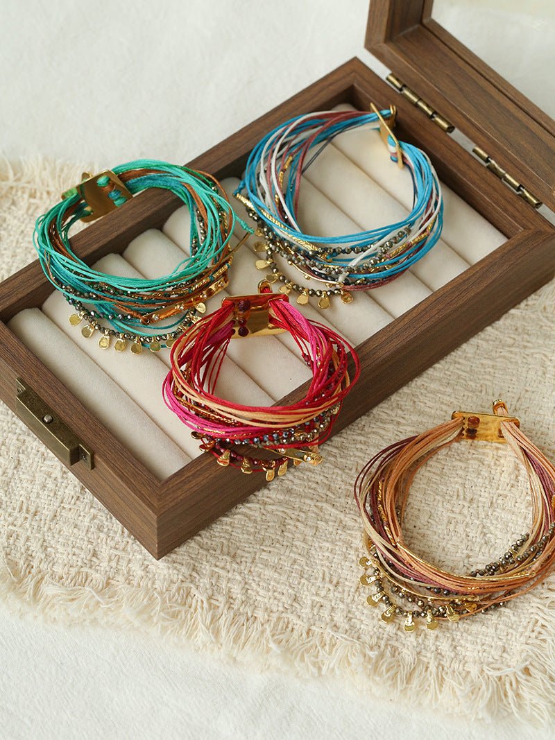 Multi-Strand Boho Woven Cord Natural Stone Coin Bracelet - floysun