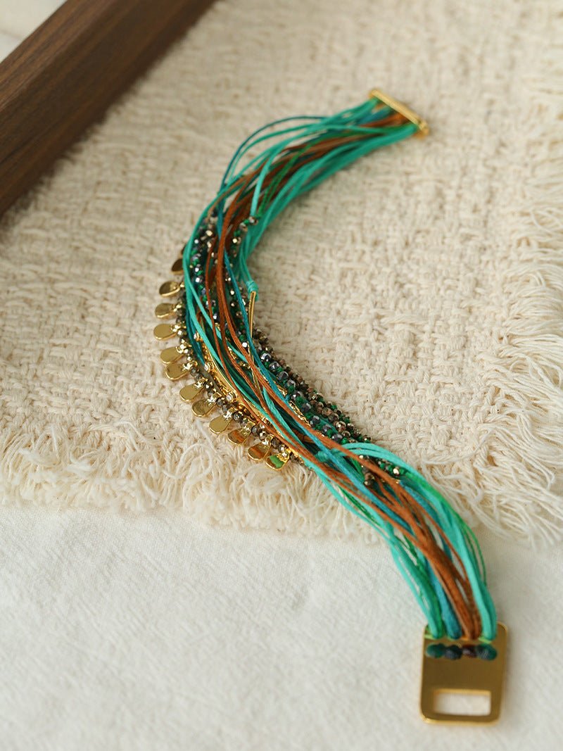 Multi-Strand Boho Woven Cord Natural Stone Coin Bracelet - floysun