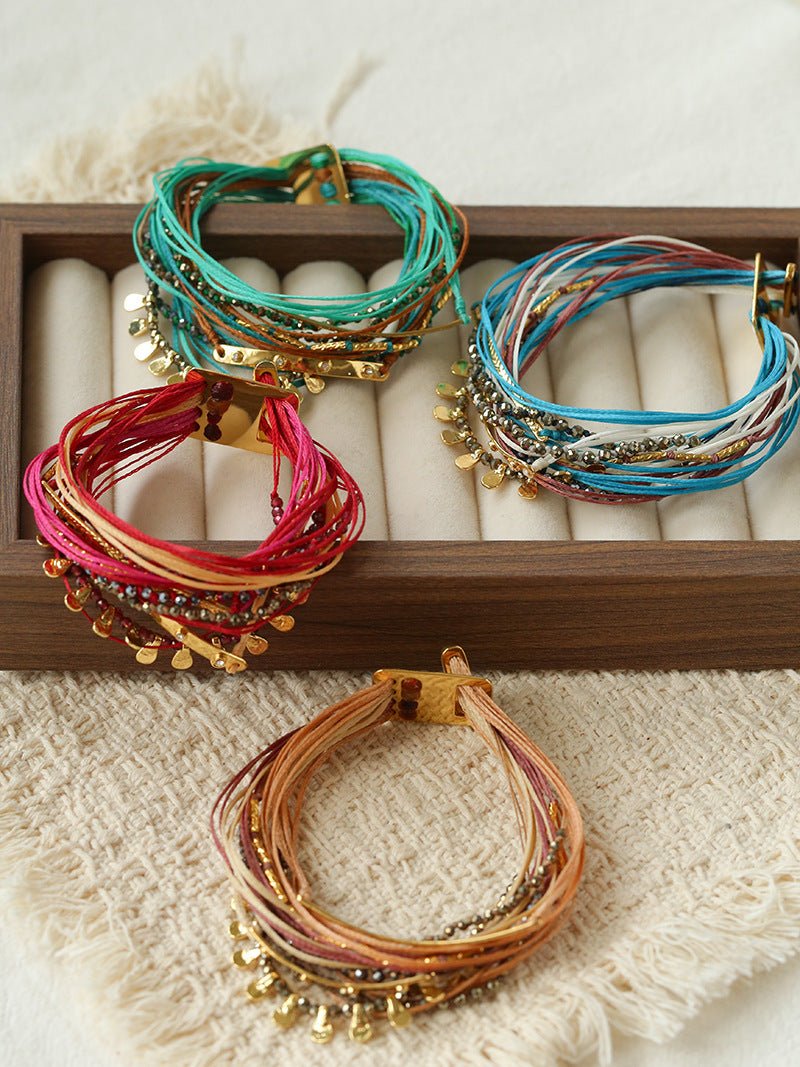 Multi-Strand Boho Woven Cord Natural Stone Coin Bracelet - floysun