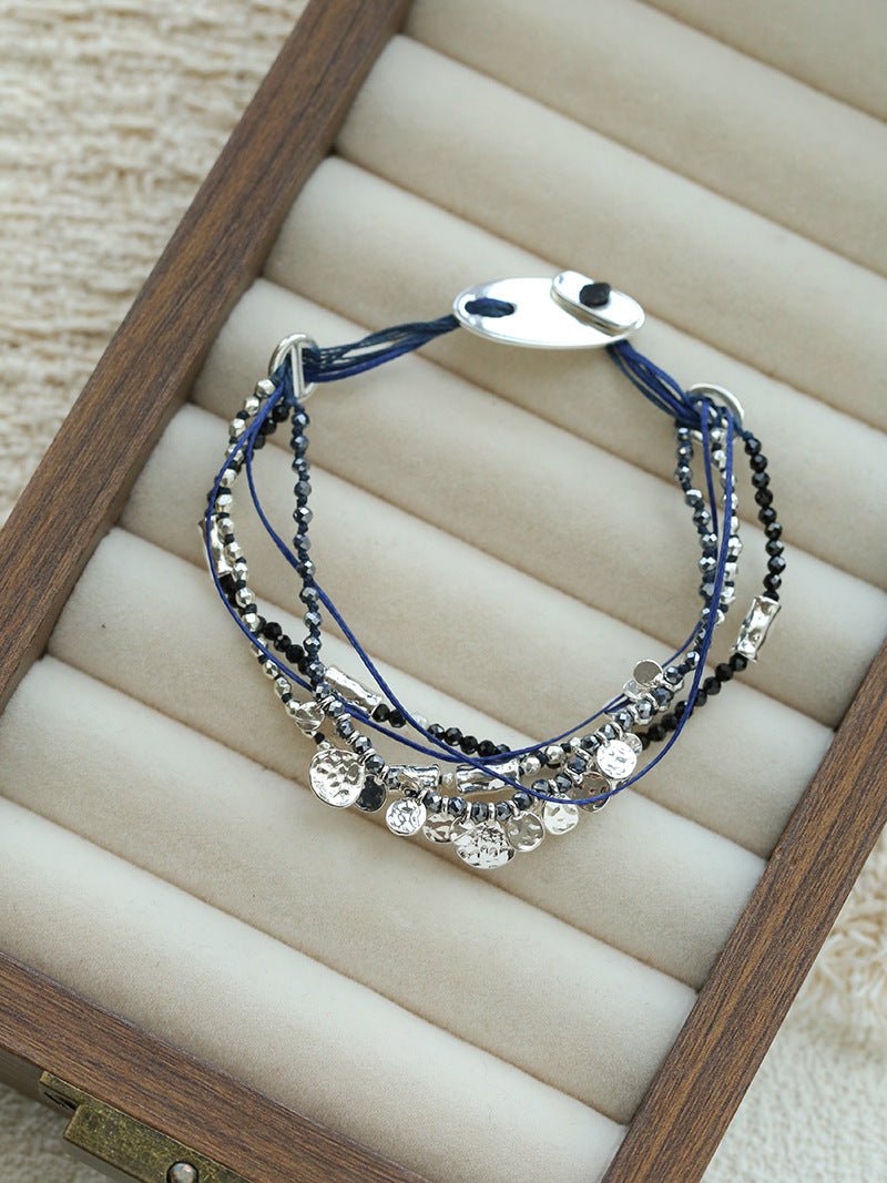 Multi‑Strand Blue Cord Hematite Black Spinel Beaded Bracelet - floysun