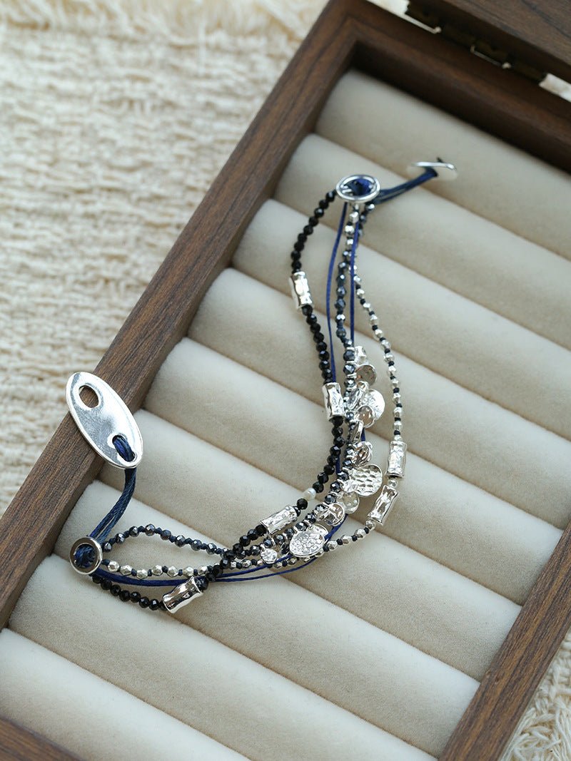 Multi‑Strand Blue Cord Hematite Black Spinel Beaded Bracelet - floysun