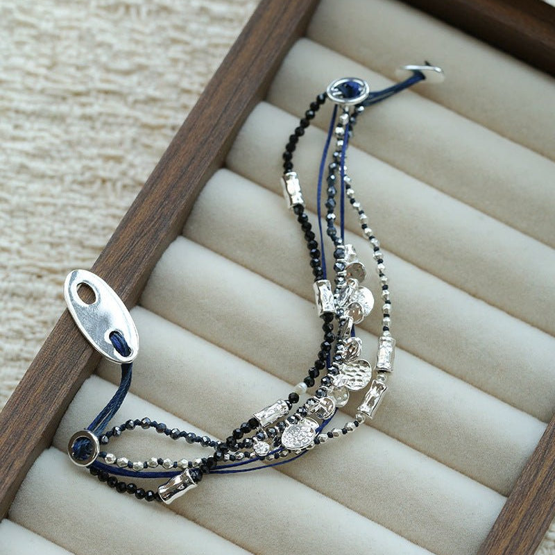 Multi‑Strand Blue Cord Hematite Black Spinel Beaded Bracelet - floysun
