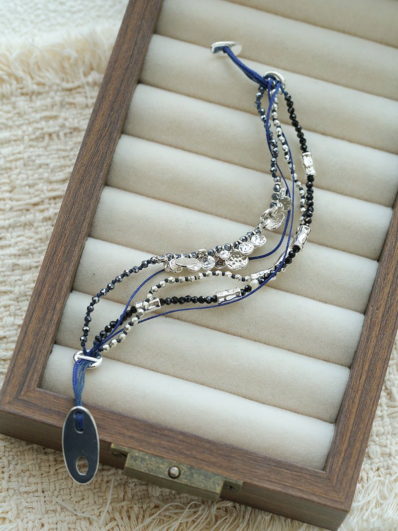 Multi‑Strand Blue Cord Hematite Black Spinel Beaded Bracelet - floysun