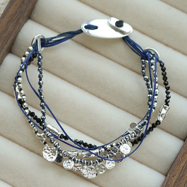 Multi‑Strand Blue Cord Hematite Black Spinel Beaded Bracelet - floysun