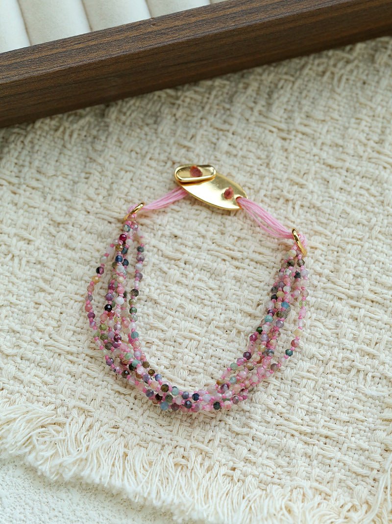 Multi‑Strand Pink Cord Tourmaline Beaded Bracelet - floysun