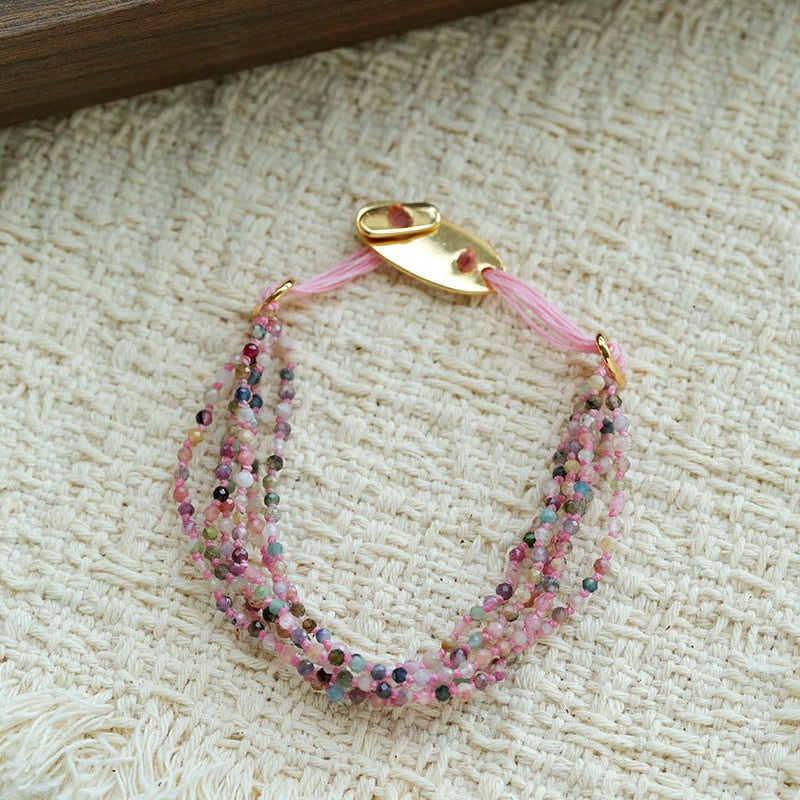 Multi‑Strand Pink Cord Tourmaline Beaded Bracelet - floysun