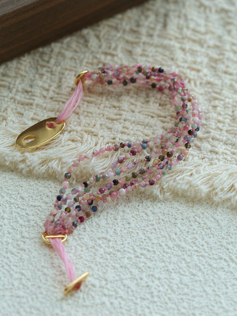 Multi‑Strand Pink Cord Tourmaline Beaded Bracelet - floysun