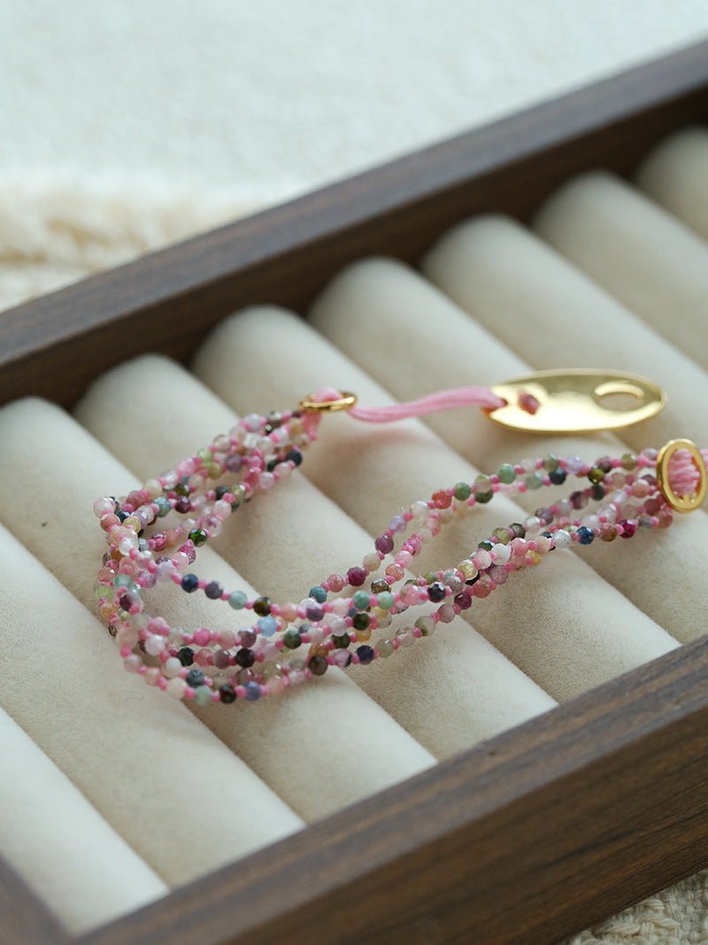Multi‑Strand Pink Cord Tourmaline Beaded Bracelet - floysun