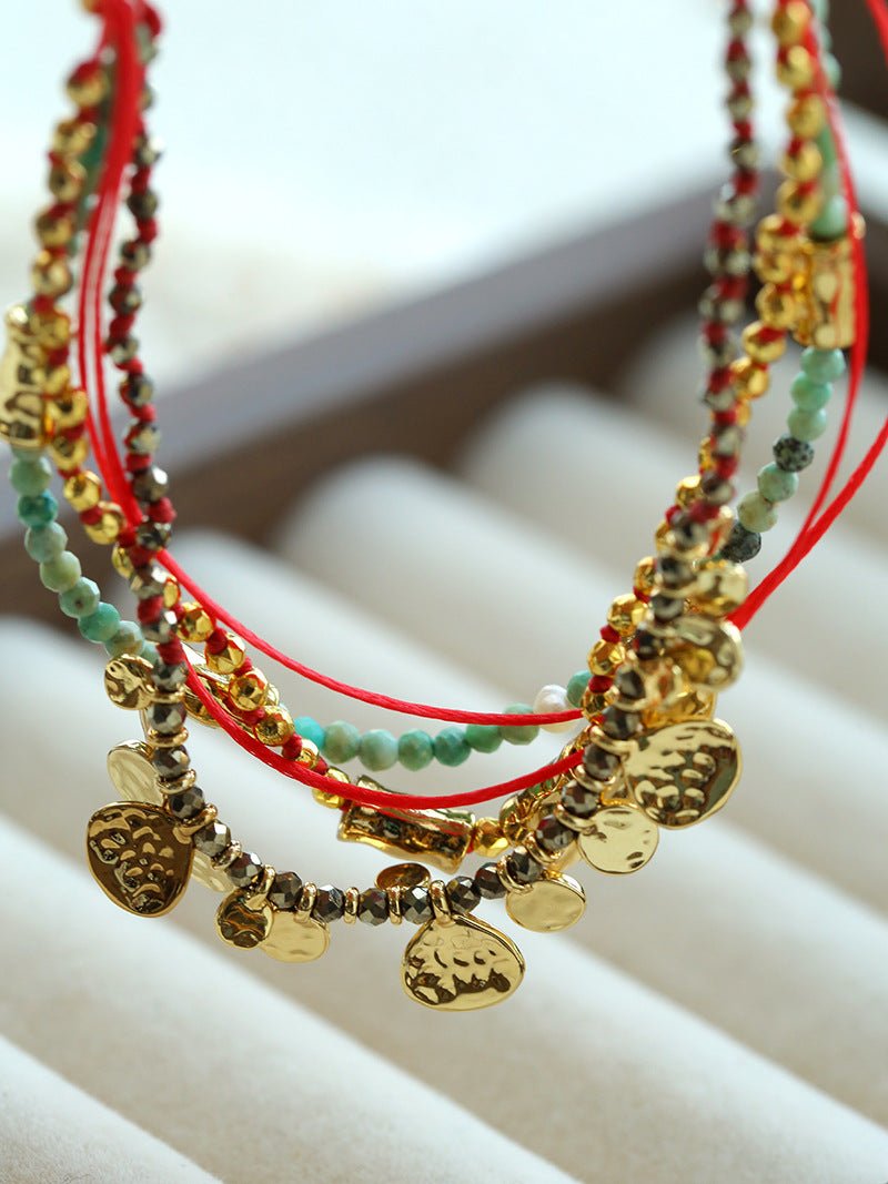 Multi‑Strand Red Cord Pyrite Amazonite Beaded Bracelet - floysun