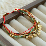 Multi‑Strand Red Cord Pyrite Amazonite Beaded Bracelet - floysun