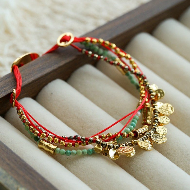 Multi‑Strand Red Cord Pyrite Amazonite Beaded Bracelet - floysun
