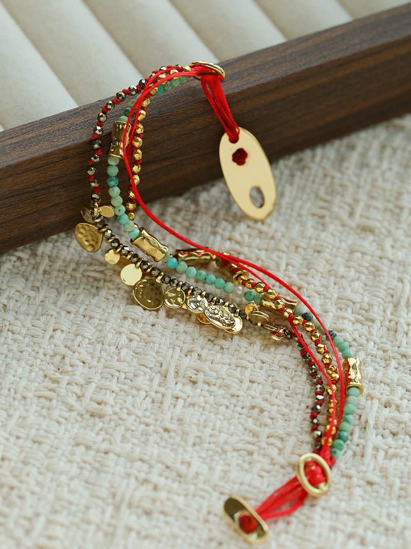Multi‑Strand Red Cord Pyrite Amazonite Beaded Bracelet - floysun