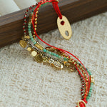 Multi‑Strand Red Cord Pyrite Amazonite Beaded Bracelet - floysun