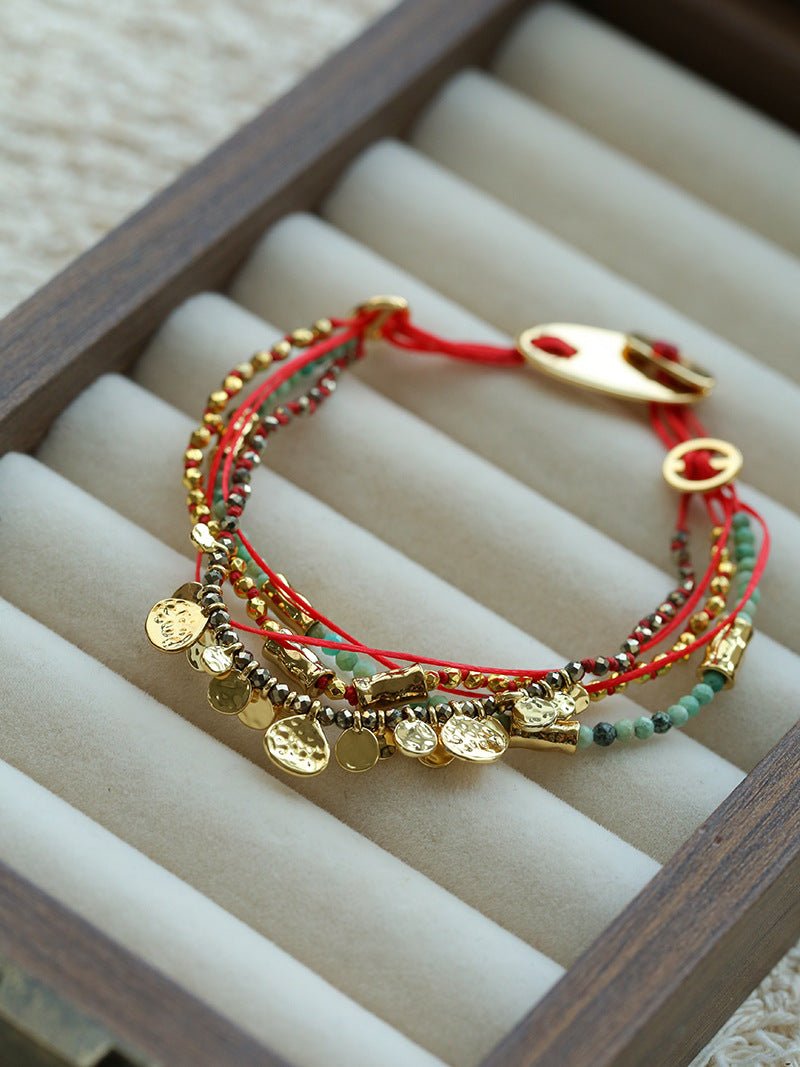 Multi‑Strand Red Cord Pyrite Amazonite Beaded Bracelet - floysun