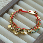 Multi‑Strand Red Cord Pyrite Amazonite Beaded Bracelet - floysun