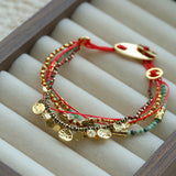 Multi‑Strand Red Cord Pyrite Amazonite Beaded Bracelet - floysun