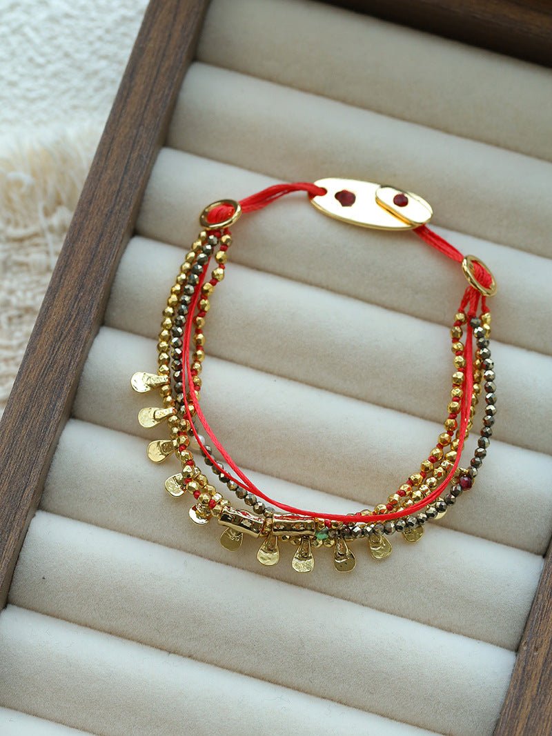 Multi‑Strand Red Cord Pyrite Beaded Charm Bracelet - floysun
