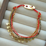 Multi‑Strand Red Cord Pyrite Beaded Charm Bracelet - floysun
