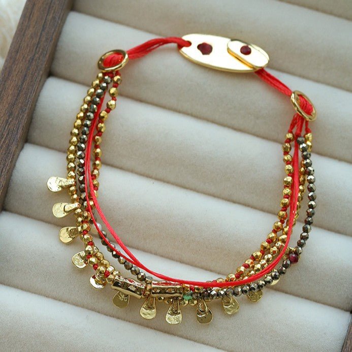 Multi‑Strand Red Cord Pyrite Beaded Charm Bracelet - floysun