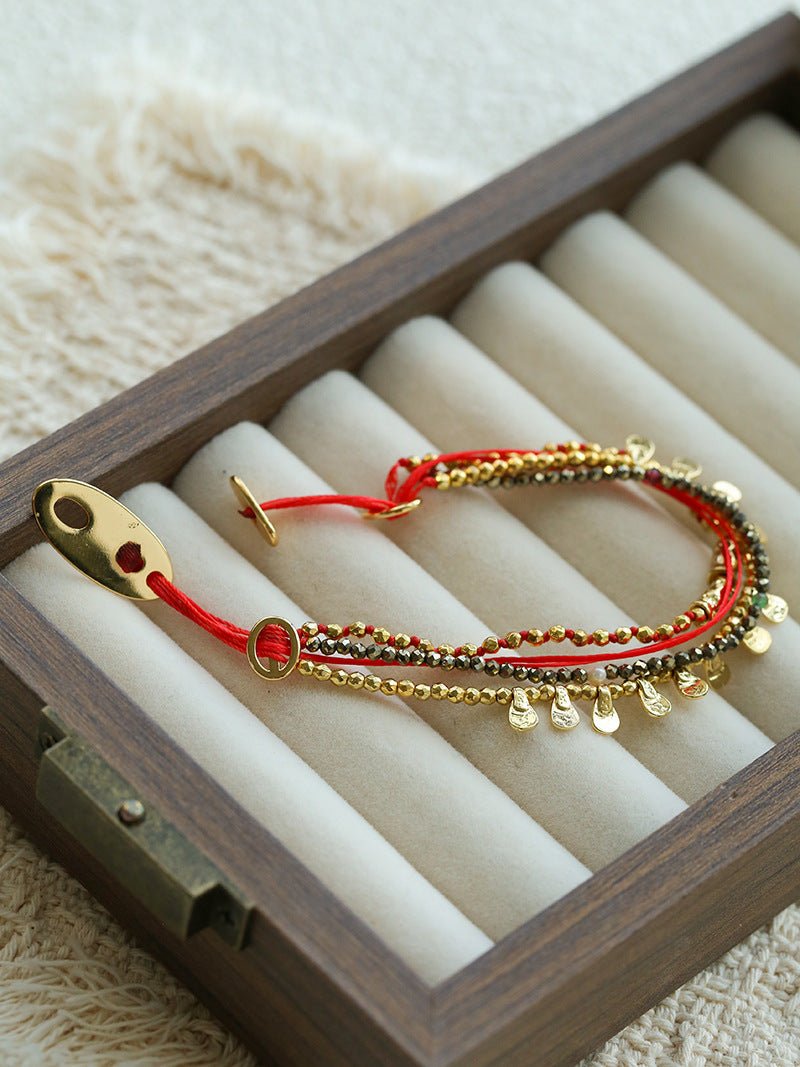 Multi‑Strand Red Cord Pyrite Beaded Charm Bracelet - floysun