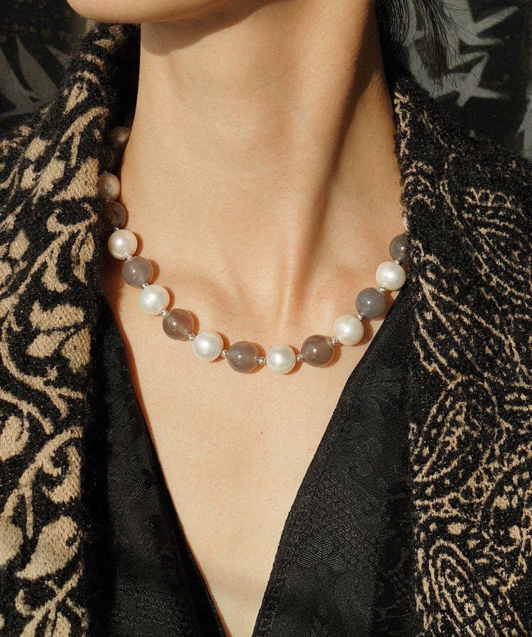 Mystic Grey Agate & Pearl Beaded Necklace - floysun