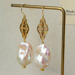 Natural Baroque Pearl Carved Hollow Flower Earrings - floysun