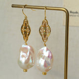 Natural Baroque Pearl Carved Hollow Flower Earrings - floysun