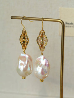 Natural Baroque Pearl Carved Hollow Flower Earrings - floysun