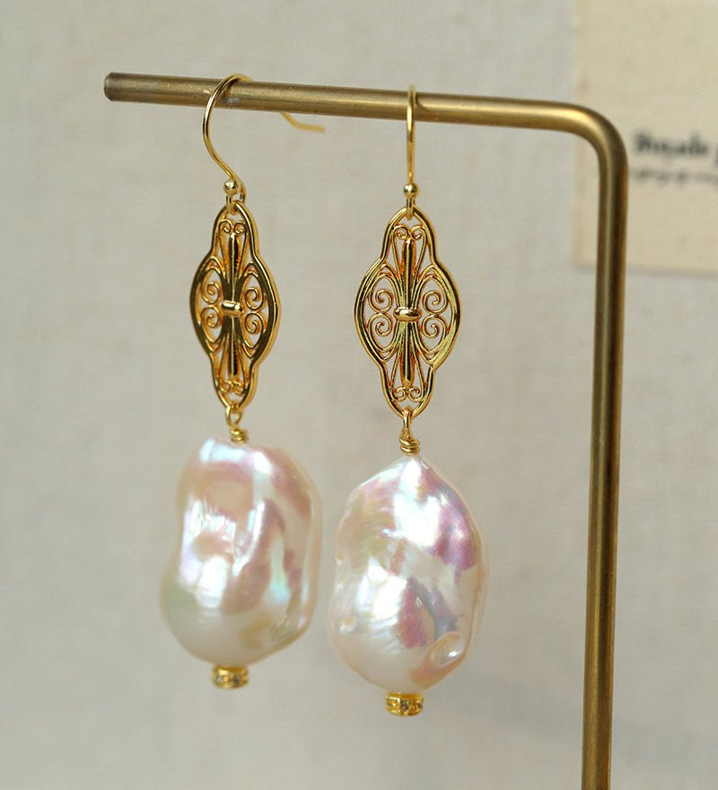 Natural Baroque Pearl Carved Hollow Flower Earrings - floysun
