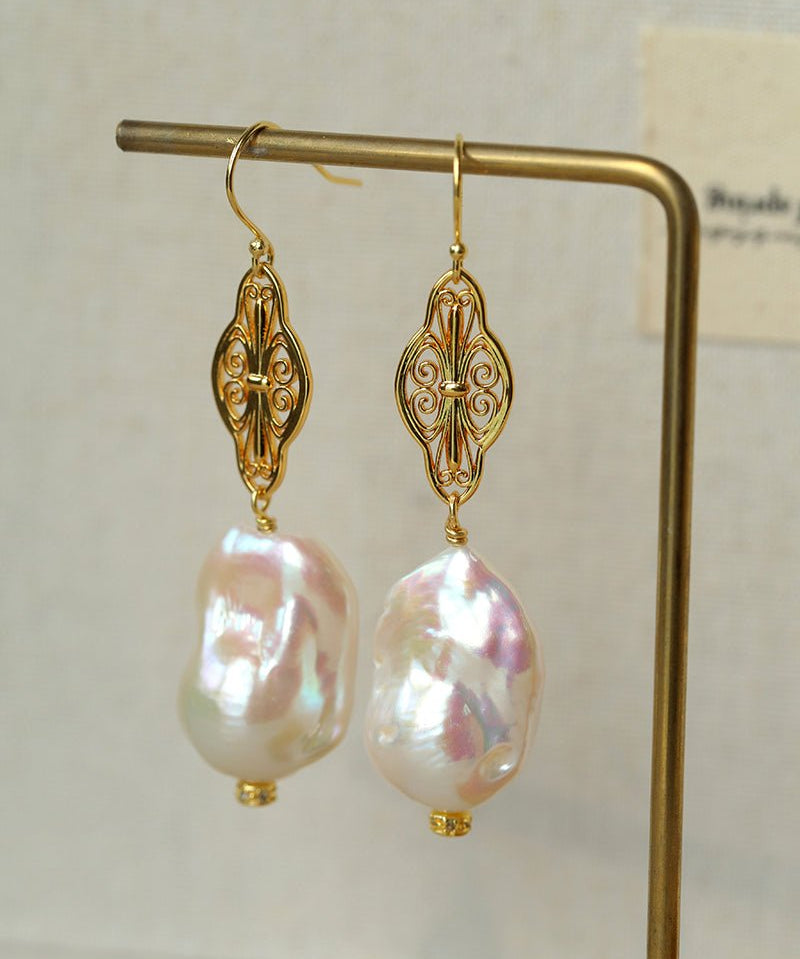 Natural Baroque Pearl Carved Hollow Flower Earrings - floysun