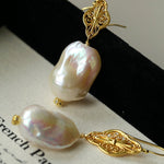 Natural Baroque Pearl Carved Hollow Flower Earrings - floysun