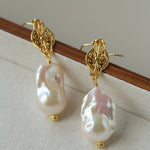 Natural Baroque Pearl Carved Hollow Flower Earrings - floysun