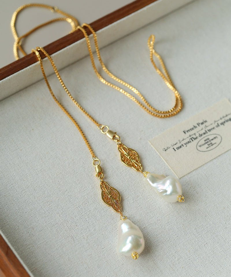 Natural Baroque Pearl Carved Hollow Flower Necklace - floysun