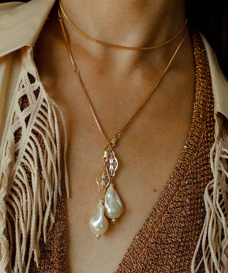 Natural Baroque Pearl Carved Hollow Flower Necklace - floysun