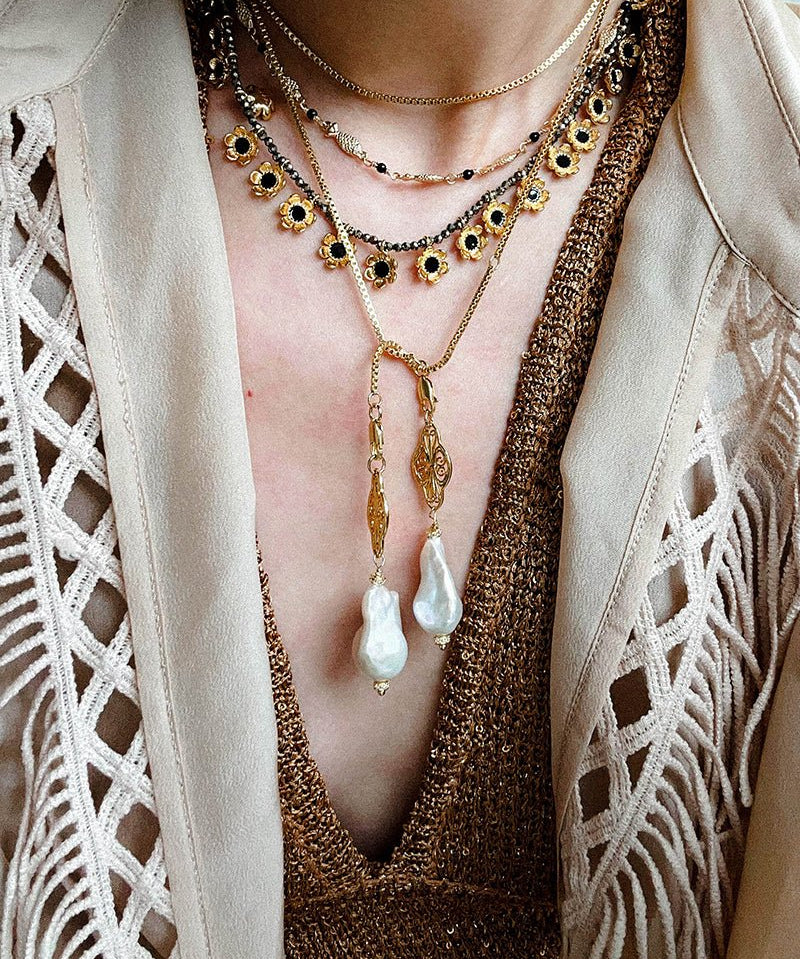 Natural Baroque Pearl Carved Hollow Flower Necklace - floysun