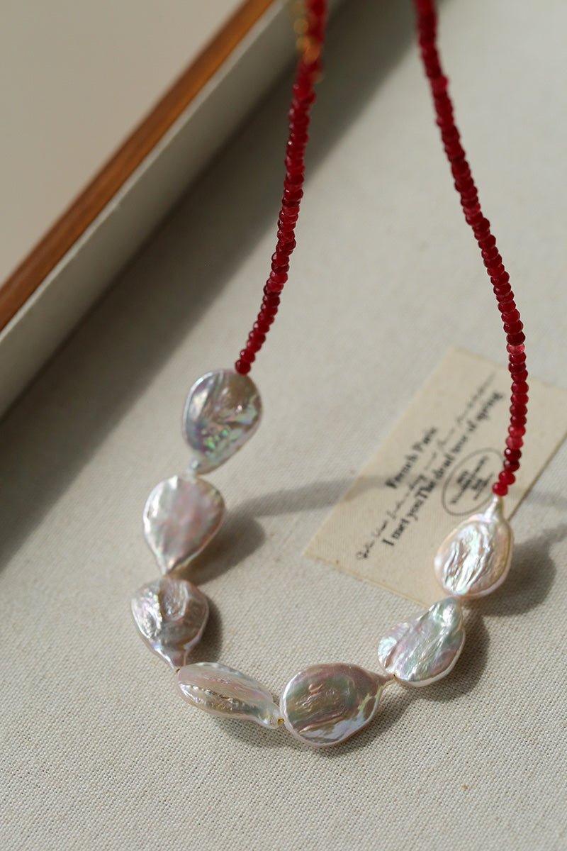 Natural Baroque Pearl & Red Garnet Necklace - floysun
