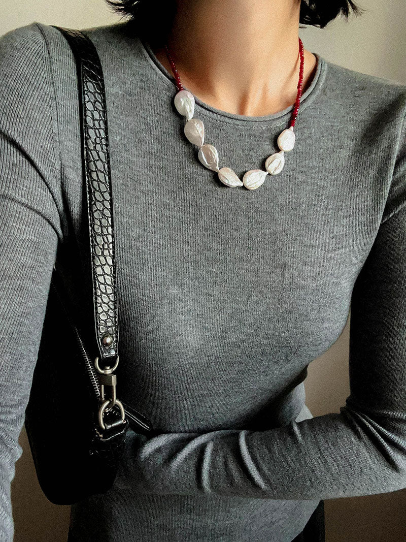 Natural Baroque Pearl & Red Garnet Necklace - floysun
