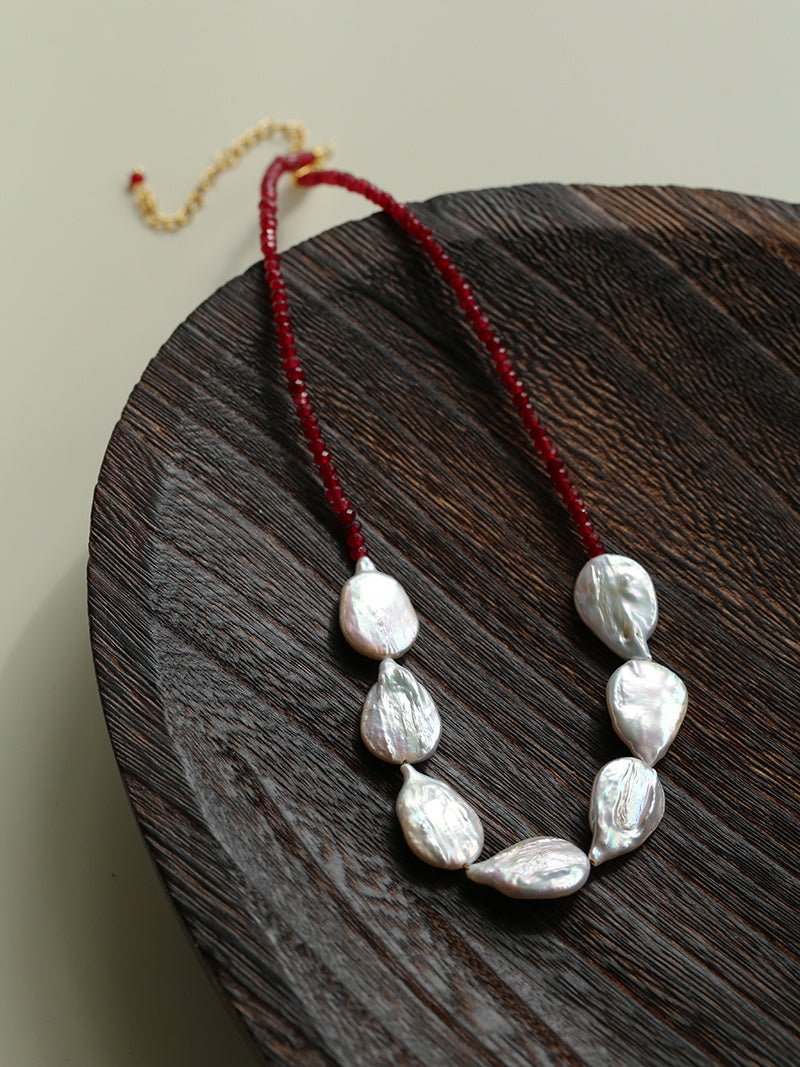 Natural Baroque Pearl & Red Garnet Necklace - floysun