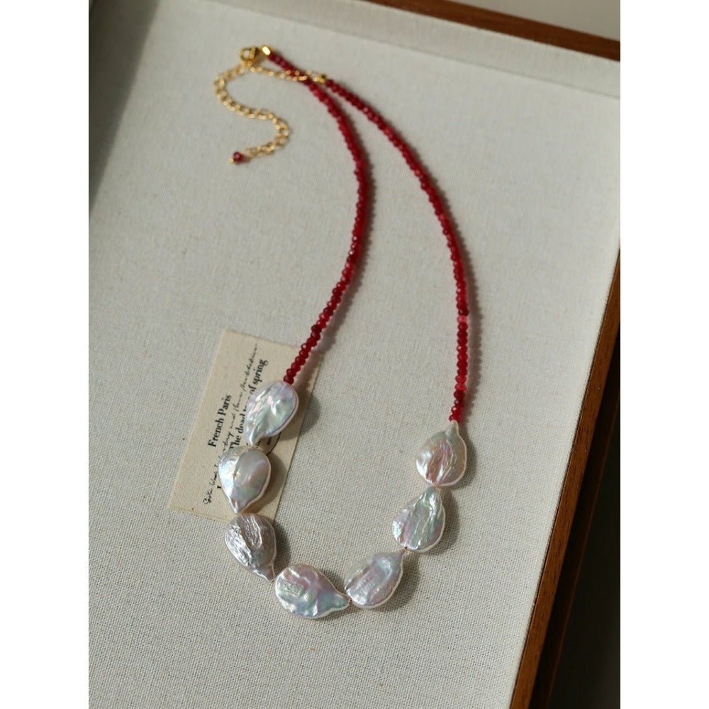 Natural Baroque Pearl & Red Garnet Necklace - floysun