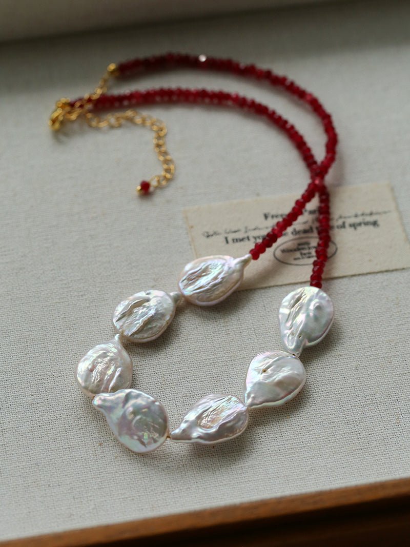 Natural Baroque Pearl & Red Garnet Necklace - floysun