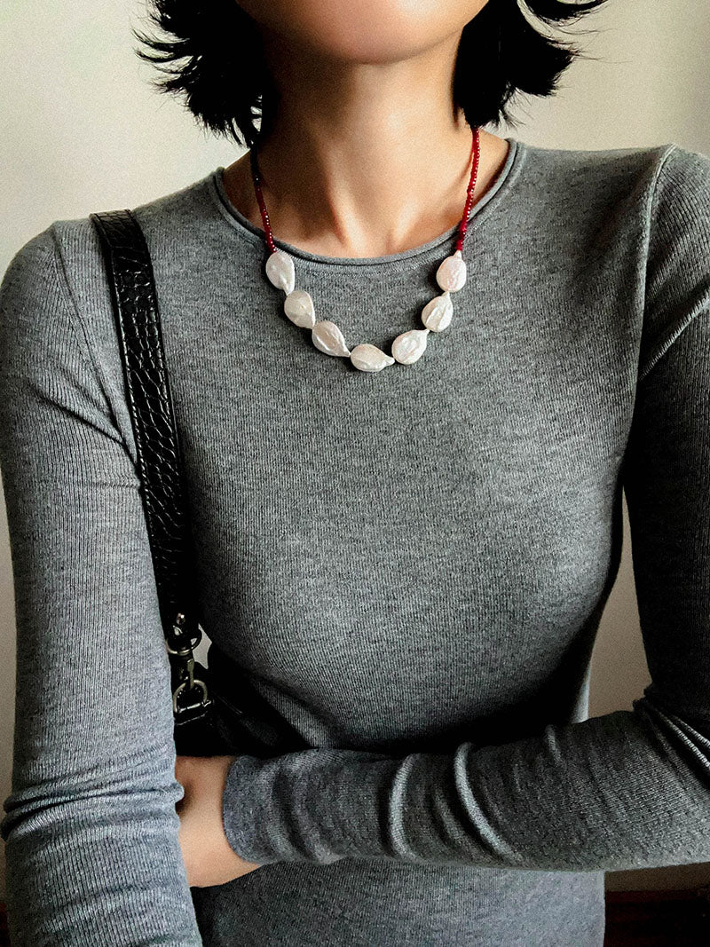 Natural Baroque Pearl & Red Garnet Necklace - floysun