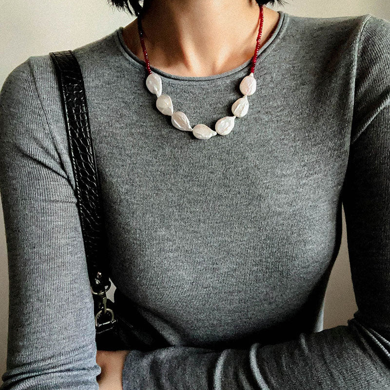 Natural Baroque Pearl & Red Garnet Necklace - floysun
